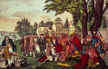 William Penn's Treaty with the Indians, when he founded the Province of Pennsylvania, 1661, pub. by Currier & Ives (colour litho) | Obraz na stenu
