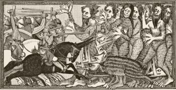 How Alexander engaged in combat with pigs having large teeth a cubit long and with men and women having six hands, from 'Science and Literature in the Middle Ages' by Paul Lacroix (1806-84) published London 1878 (litho) | Obraz na stenu