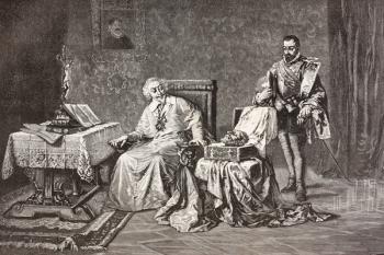 Cardenal Charles de Lorraine is presented with the head of Admiral Coligny after the latters murder. From El Mundo Ilustrado, published Barcelona, circa 1880. | Obraz na stenu