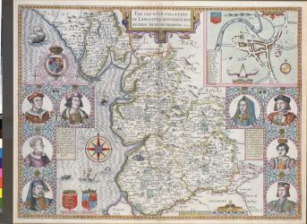 Map of Lancaster divided into hundreds, 1610 (colour engraving) | Obraz na stenu