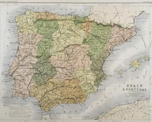 A map of Spain and Portugal, c.1869 (coloured engraving) | Obraz na stenu