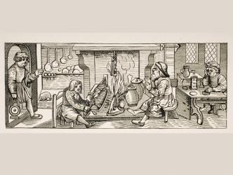 Interior of a Kitchen, after a woodcut in 'Calendarium Romanum' by Jean Staeffler, printed Tubingen, Germany, 1518, from 'Le Moyen Age et La Renaissance' by Paul Lacroix (1806-84) published 1847 (litho) | Obraz na stenu