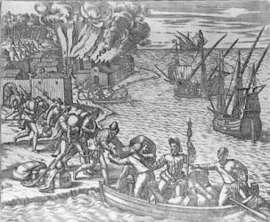 The French Fleet Plundering and Setting Fire to the Town of Chioreram, engraved by Theodore de Bry (1528-98) (engraving) (b&w photo) | Obraz na stenu