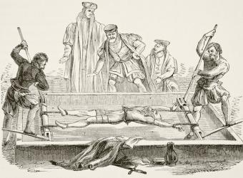 Man being tortured on the rack, from 'The National and Domestic History of England' by William Hickman Smith Aubrey (1858-1916) published London, c.1890 (litho) | Obraz na stenu