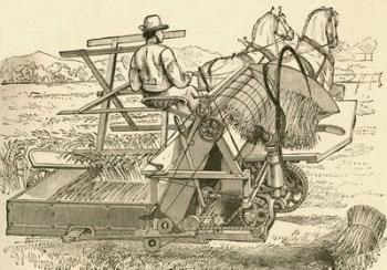 A harvesting machine, pulled by horses, which tied the sheaves of corn mechanically, used in the late 19th century. From El Museo Popular published Madrid, 1887 | Obraz na stenu