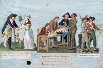 A Woman Promising to Marry her Wounded Suitor after the War, Patriotic Citizens Donating their Clothes to the Fighting Volunteers and Guards near their cannon, c.1792 (gouache on card) | Obraz na stenu