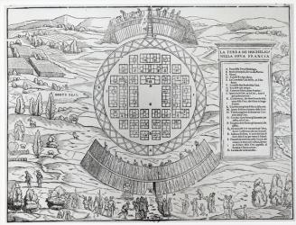 Foundation of Hochelaga (Montreal), from 'Terzo volume delle Navigationi e viaggi nel quale si contengono le navigationi al Mondo Nuovo' by Giovanni Battista Ramusio (1485-1557), published in 1556 (engraving) (b/w photo) | Obraz na stenu