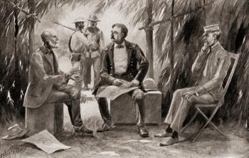 Generals Garcia, left, Shafter, centre and Admiral Sampson, right, in conference during the Spanish-American War. Calixto García Iñiguez,1839  1898. Cuban general. William Rufus Shafter, 1835  1906. American general. William Thomas Sampson, 1840  1902. | Obraz na stenu