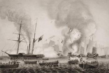The Hon. East India Company's steamer Nemesis and the boats of The Sulpher, Calliope,Larne and Starling destroying the Chinese war junks in Anson's Bay. January 7, 1841, illustration from 'England's Battles by Sea and Land' by Lieut. Col. Williams (engrav | Obraz na stenu