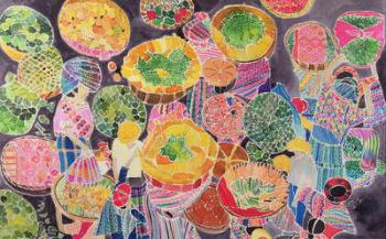 Baskets at Market (coloured inks on silk) | Obraz na stenu