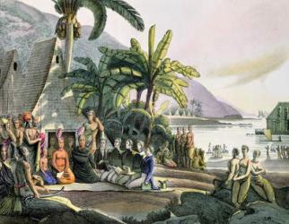 Meeting between the Expedition Party of Otto von Kotzebue (1788-1846) and King Kamehameha I (1740/52-1819) Ovayhi Island (colour litho) | Obraz na stenu
