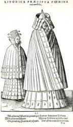 Costumes of a Livonian noblewoman and her daughter, 1577 (engraving) (b/w photo) | Obraz na stenu