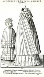 Costumes of a Livonian noblewoman and her daughter, 1577 (engraving) (b/w photo) | Obraz na stenu