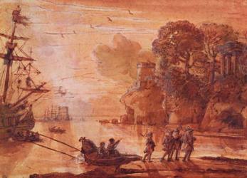 The Disembarkation of Warriors in a Port, possibly Aeneas in Latium, 1660-65 (pen & ink wash with gouache on paper) | Obraz na stenu