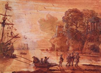 The Disembarkation of Warriors in a Port, possibly Aeneas in Latium, 1660-65 (pen & ink wash with gouache on paper) | Obraz na stenu