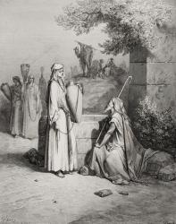 Eliezer and Rebekah, Genesis 24:15-21, illustration from Dore's 'The Holy Bible', engraved by Piaud, 1866 (engraving) | Obraz na stenu