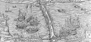 A reconstruction of a naval battle performed on the River Seine in front of Henri IV in 1596, illustration from 'Discours de la Ioyeuse et triomphante entree de Henry IIII faicte en sa ville de Rouën', published in 1599 (woodcut) | Obraz na stenu