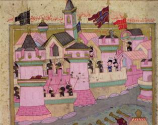 TSM H.1524 Siege of Vienna by Suleyman I (1494-1566) the Magnificent, in 1529, from the 'Hunername' by Lokman, detail of Vienna, 1588 (gouache on paper) | Obraz na stenu