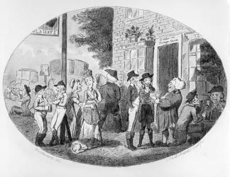 Outside the Old Hats Tavern, engraved by Isaac Cruikshank, 1796 (engraving) (b/w photo) | Obraz na stenu