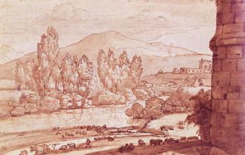 Landscape with a river, a herd of cattle and a herdsman (pen, w/c & bistre wash) | Obraz na stenu
