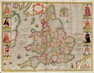 The Kingdome of England, engraved by Jodocus Hondius (1563-1612) from John Speed's 'Theatre of the Empire of Great Britain', pub. by John Sudbury and George Humble, 1611-12 (hand coloured copper engraving) | Obraz na stenu