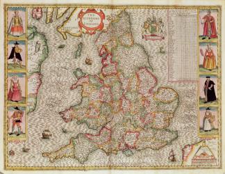 The Kingdome of England, engraved by Jodocus Hondius (1563-1612) from John Speed's 'Theatre of the Empire of Great Britain', pub. by John Sudbury and George Humble, 1611-12 (hand coloured copper engraving) | Obraz na stenu