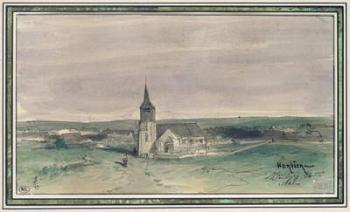 Church and Village in the Middle of a Field, Montigny, 1866 (pen & ink and w/c on paper) | Obraz na stenu