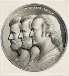 Medallion showing Ulysses S. Grant, Abraham Lincoln and George Washington as Defender, Martyr and Father, 1870 (litho) | Obraz na stenu