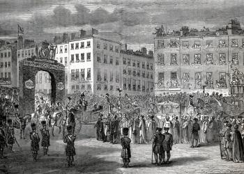 The Entry of George IV (1762-1830) into Dublin, 3rd September 1821, engraved by Pearson (engraving) (b&w photo) | Obraz na stenu