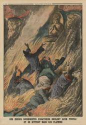 Fanatic Buddhist monks set their temple on fire and throw themselves into the flames, Island of Formosa, back cover illustration from 'Le Petit Journal', supplement illustre, 25th May 1913 (colour litho) | Obraz na stenu