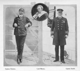 Arthur Henry Rostron, Captain of RMS Carpathia which rescued Titanic survivors (left), Lord Mersey who headed Titanic Commission of Inquiry (centre) and Edward John Smith, Captain of the Titanic (left) (litho) | Obraz na stenu