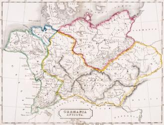 Map of Germany, Germania Antiqua, from 'The Atlas of Ancient Geography', by Samuel Butler, published in London, c.1829 (colour litho) | Obraz na stenu