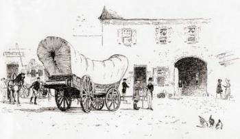 A Conestoga wagon in the Bull's Head yard, Philadelphia, United States of America, from 'The Century Illustrated Monthly Magazine', published 1884 (wood engraving) | Obraz na stenu