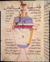 Mechanical device for pouring water, illustration from the 'Book of Knowledge of Ingenious Mechanical Devices', by Al-Djazari, 1206 (vellum) | Obraz na stenu