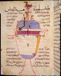 Mechanical device for pouring water, illustration from the 'Book of Knowledge of Ingenious Mechanical Devices', by Al-Djazari, 1206 (vellum) | Obraz na stenu