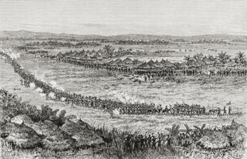 Sir Henry Morton Stanley and his men being threatened by Sukuma natives, 1890 (wood engraving) | Obraz na stenu