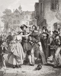 The Press Gang seizing a waterman on Tower Hill on the morning of his marriage day, from `Illustrations of English and Scottish History' Volume II (engraving) (see 95977) | Obraz na stenu
