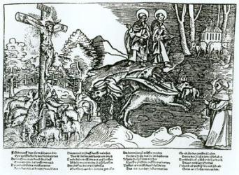 Roman Catholicism and Lutheranism Contrasted, c.1520-21 (woodcut) (b/w photo) | Obraz na stenu