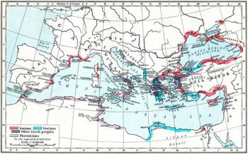 Map of Greek and Phoenician settlements in the Mediterranean basin c.550 B.C. From Historical Atlas, published 1923. | Obraz na stenu