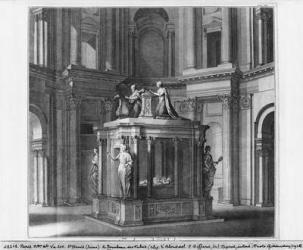 Tomb of Henri II and Catherine de Medicis in the Valois mausoleum, illustration from 'Histoire de l'abbaye royale de Saint-Denis en France' by Dom Michel Felibien, 1706 edition (engraving) | Obraz na stenu