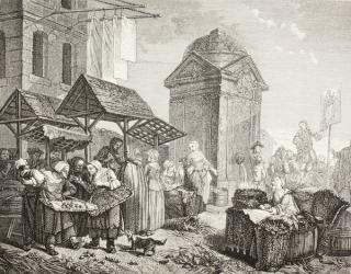 The market in the Place Maubert, Paris, in the 18th century, after a work by Jeaurat, from 'XVIII Siecle Institutions, Usages et Costumes', published 1875 (litho) | Obraz na stenu