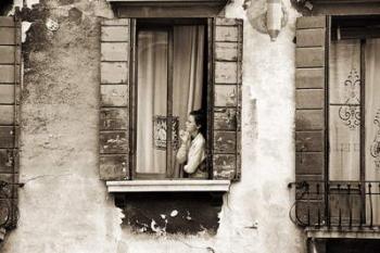 Woman gazing out of a window contemplating, 2004 (b/w photo) | Obraz na stenu
