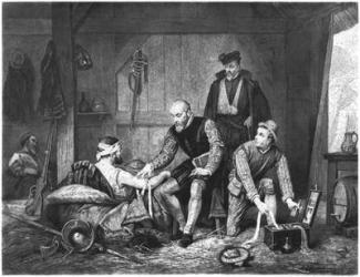 Ambroise Pare treating wounded soldiers (engraving) (b/w photo) | Obraz na stenu