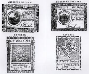 A colonial six dollar bill of 1776 and an American fifty dollar bill of 1779 (engraving) (b/w photo) | Obraz na stenu