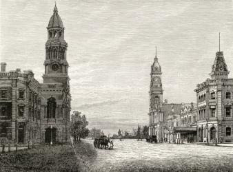 King William Street, Adelaide, c.1880, from 'Australian Pictures' by Howard Willoughby, published by the Religious Tract Society, London, 1886 (litho) | Obraz na stenu
