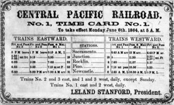 Photographic print of the Central Pacific Railroad Company's original timetable for 6th June 1864, 1864 (lithograph) | Obraz na stenu