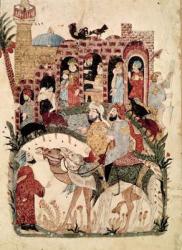 Ar 5847 f.138 Abu Zayd and Al-Harith questioning villagers from 'The Maqamat' (The Meetings) by Al-Hariri, c.1240 (vellum) | Obraz na stenu