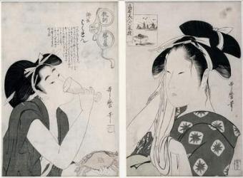 An impertinent woman, from the series 'Kyokun oya no megane' (Education Seen Through the Parents Eyes) c.1803 and Asahiya Goke the widow, from the series 'Komei bijin rokkasen', c.1796 (woodblock print) | Obraz na stenu