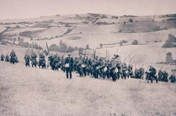 French infantry advancing through farmland in north-eastern France (b/w photo) | Obraz na stenu