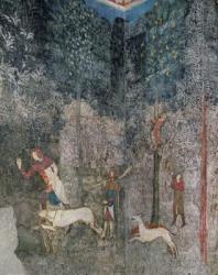 Men hunting with dogs, detail from La Chambre du Cerf (Stag Room) 1343 (fresco) | Obraz na stenu